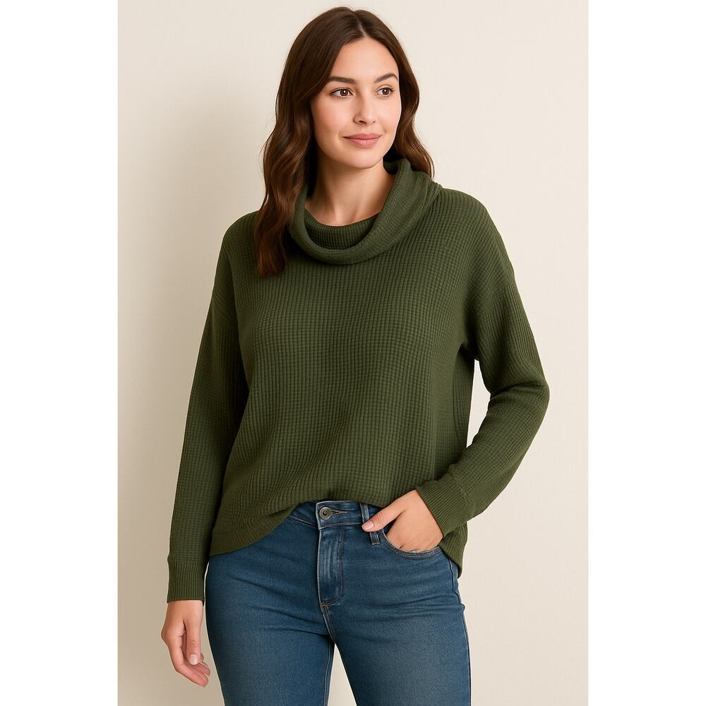 Mix by 41 Hawthorn Women's Waffle Weave Cowl Neck Cozy Knit Top Size L Green